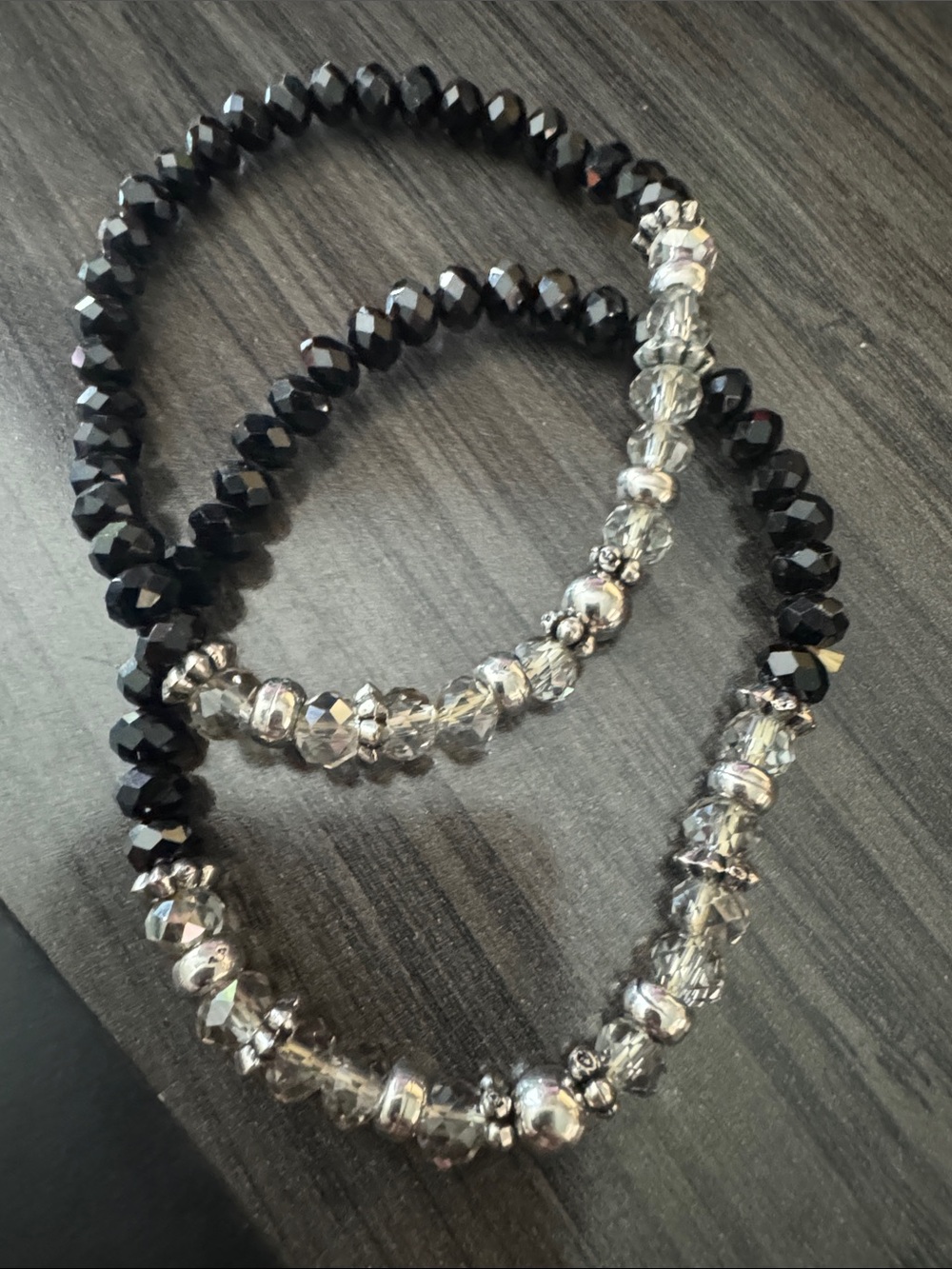Elegant Black and Silver Beaded Stretch Bracelet Set
